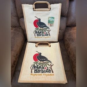 Jute burlap tote bags with a Magnificent Frigatebird & wooden handles